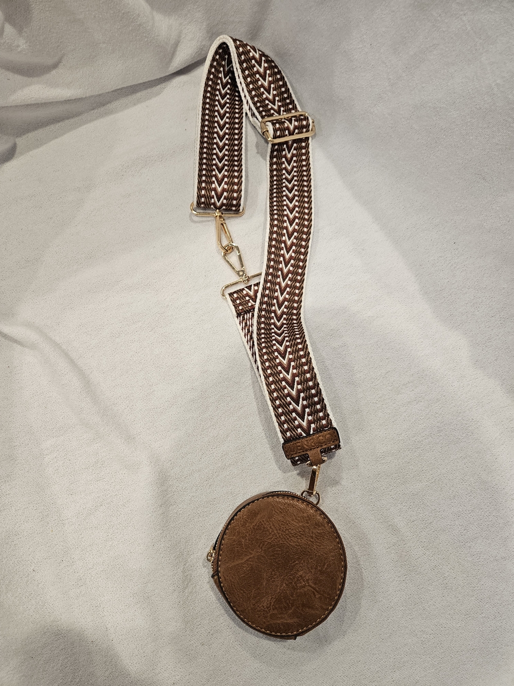 Jen&Co Brown Round Crossbody Bag with Patterned Guitar Strap